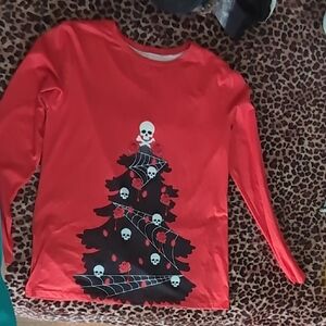 3/$14 NEW Red and Black Long Sleeve Tee with Skeleton Christmas Design